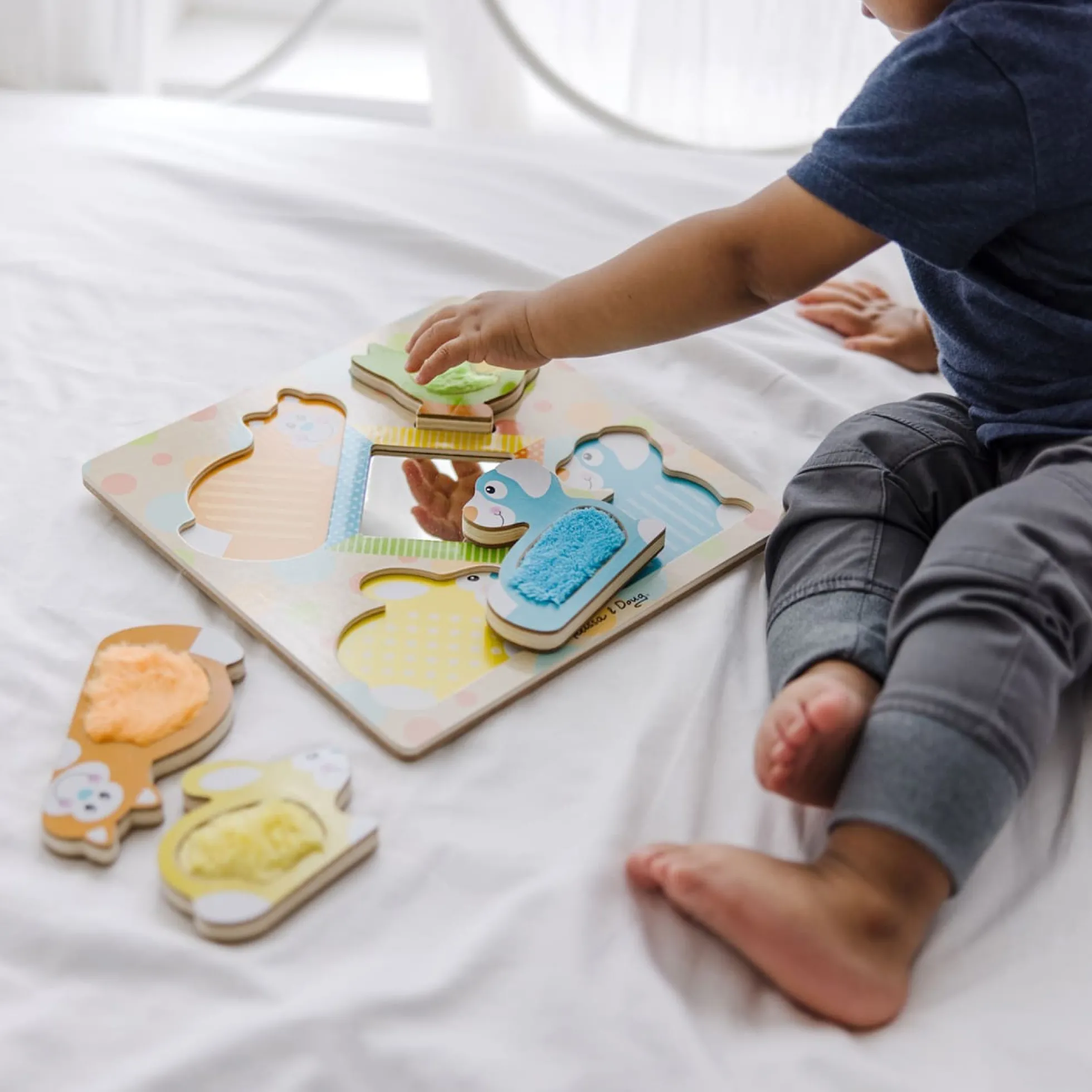 First Play Wooden Touch and Feel Puzzle Peek-a-Boo Pets With Mirror