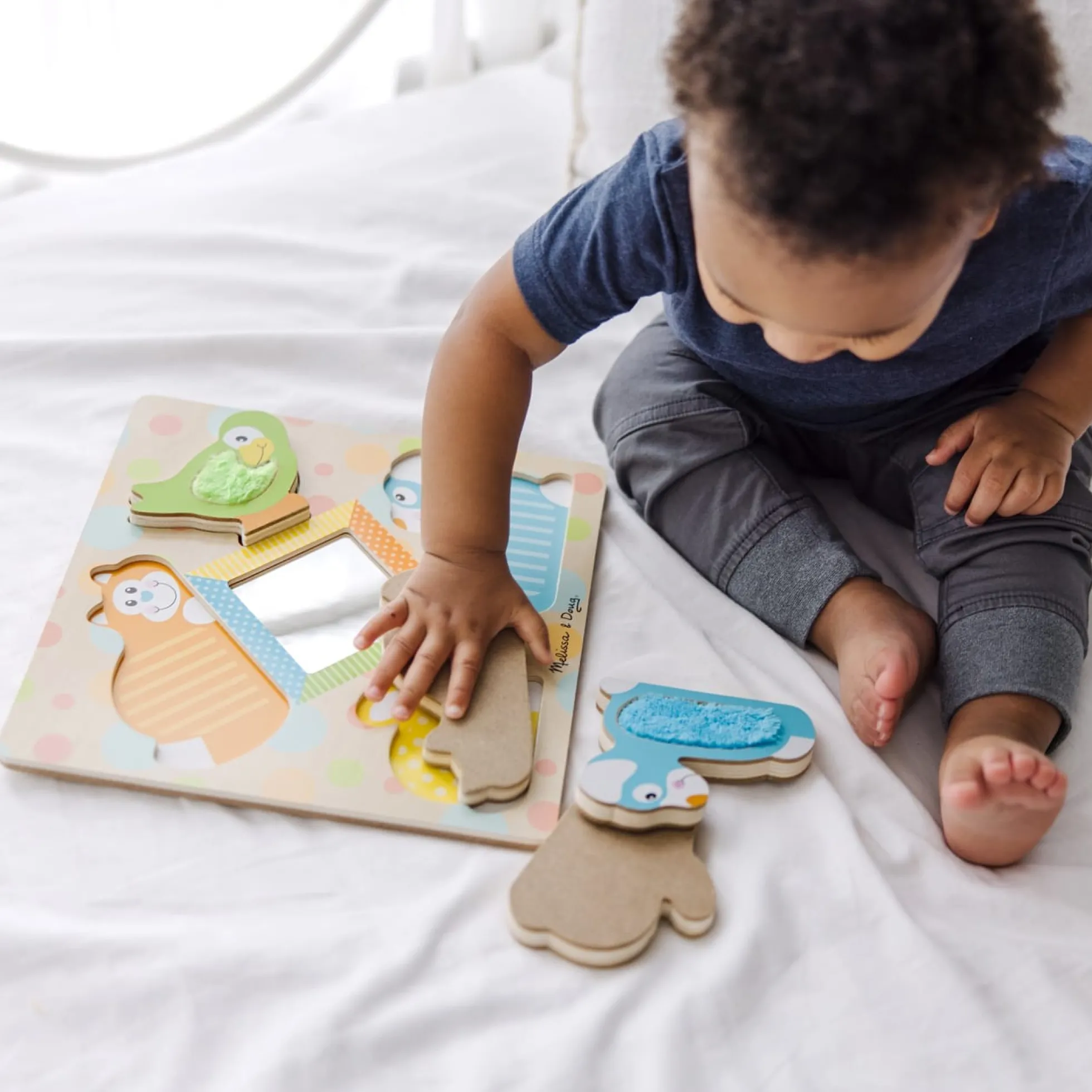 First Play Wooden Touch and Feel Puzzle Peek-a-Boo Pets With Mirror