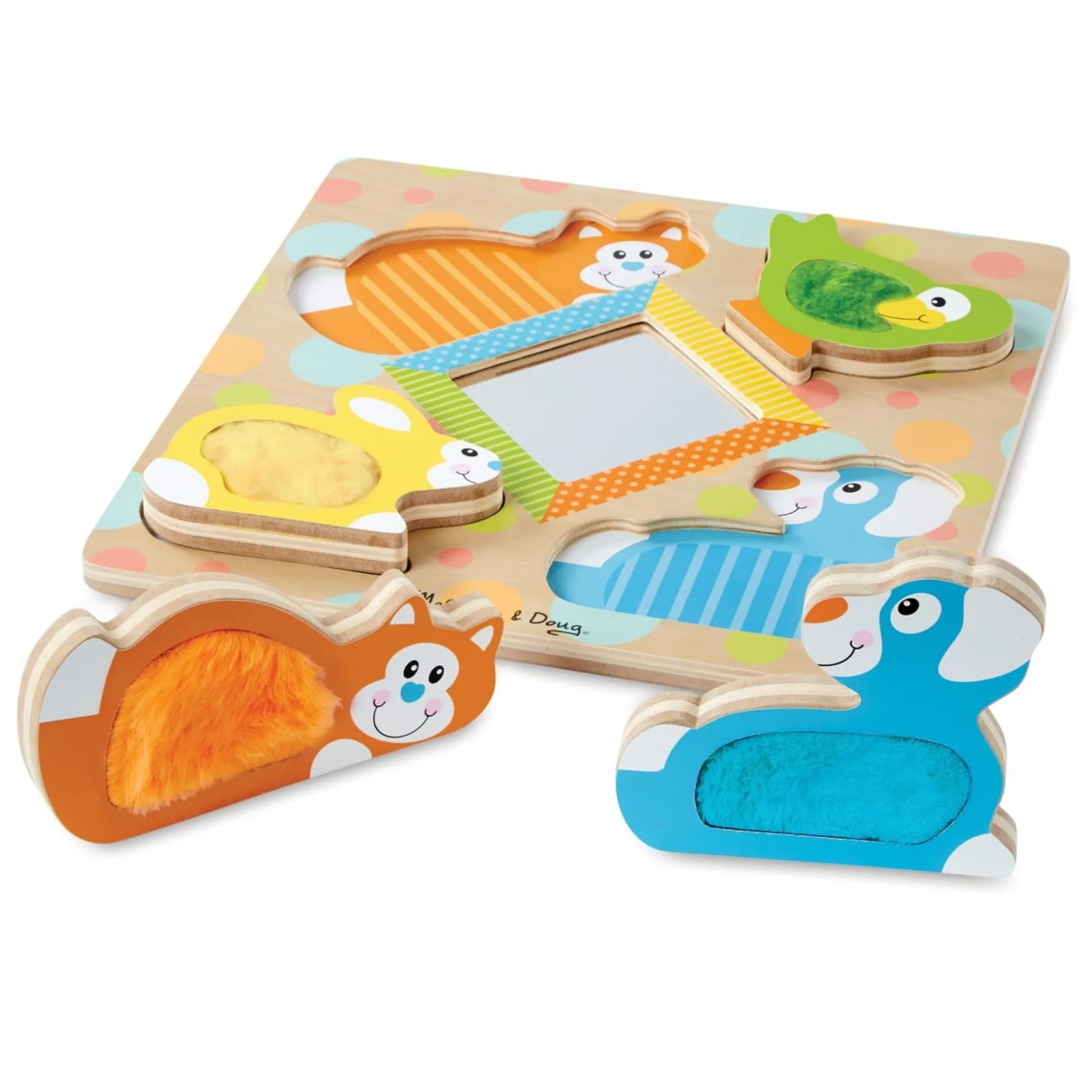 First Play Wooden Touch and Feel Puzzle Peek-a-Boo Pets With Mirror