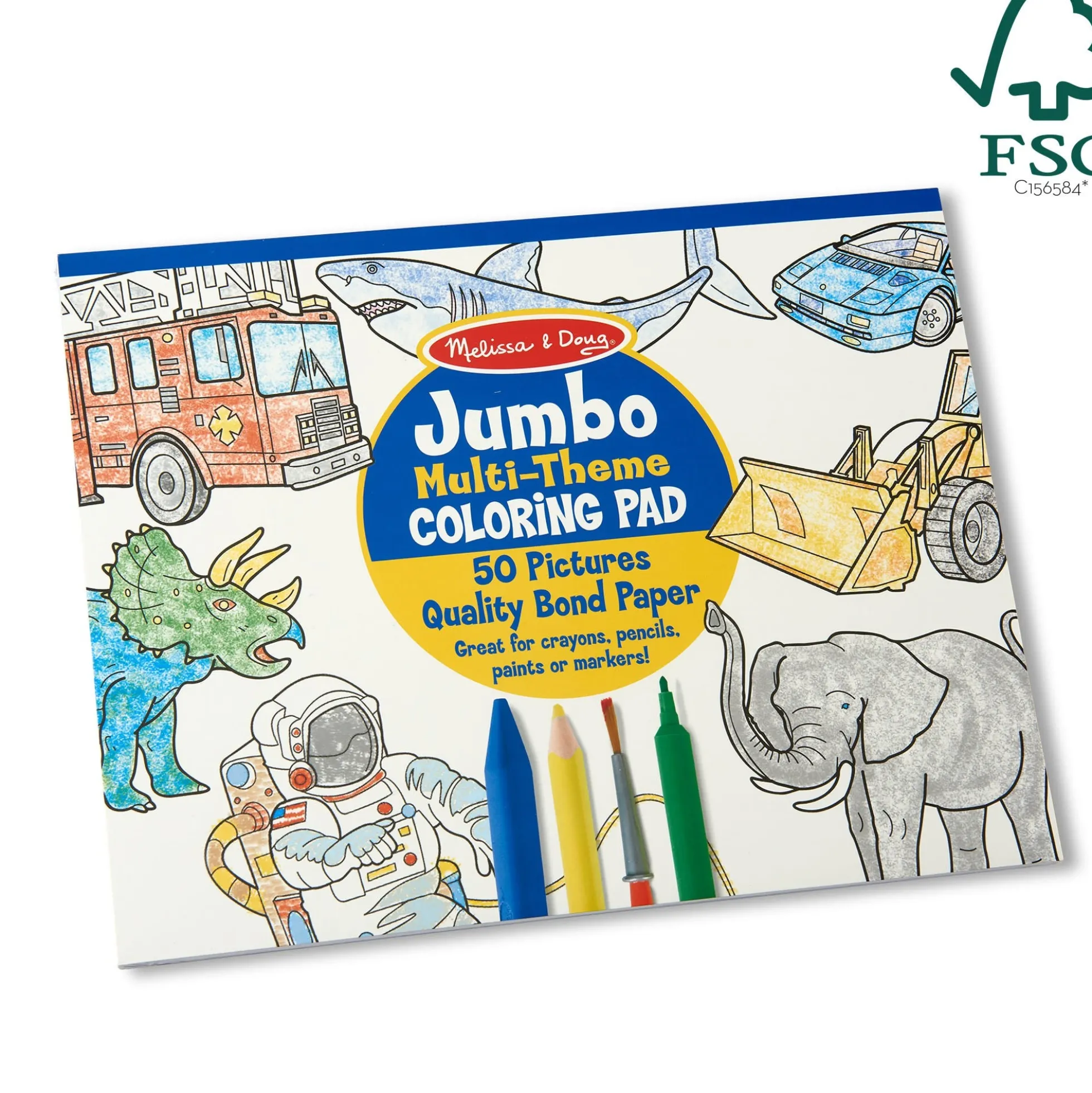 Jumbo 50-Page Kids' Coloring Pad - Space, Sharks, Sports, and More
