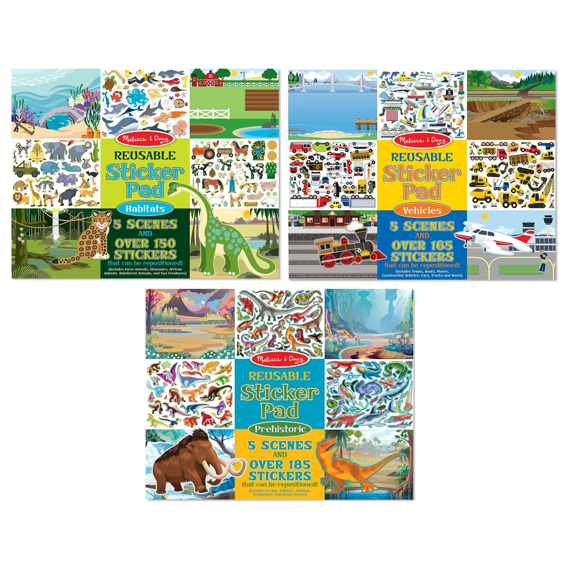 Reusable Sticker Pad 3-Pack: Vehicles, Habitats, Prehistoric