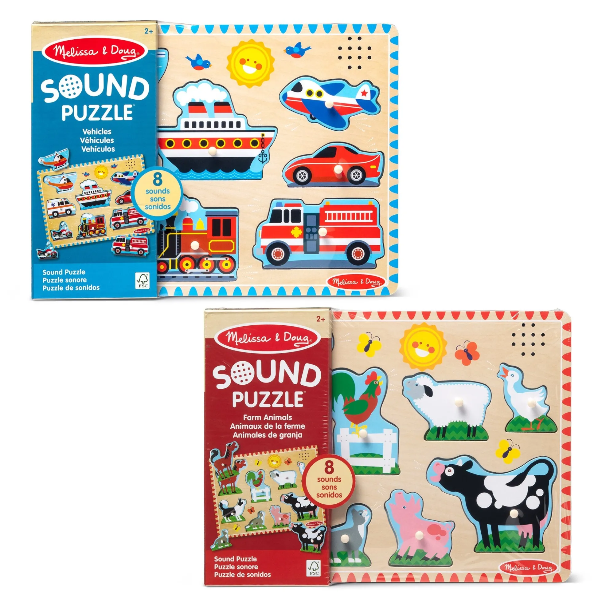 Wooden Sound Puzzle 2-Pack – Farm Animals, Vehicles