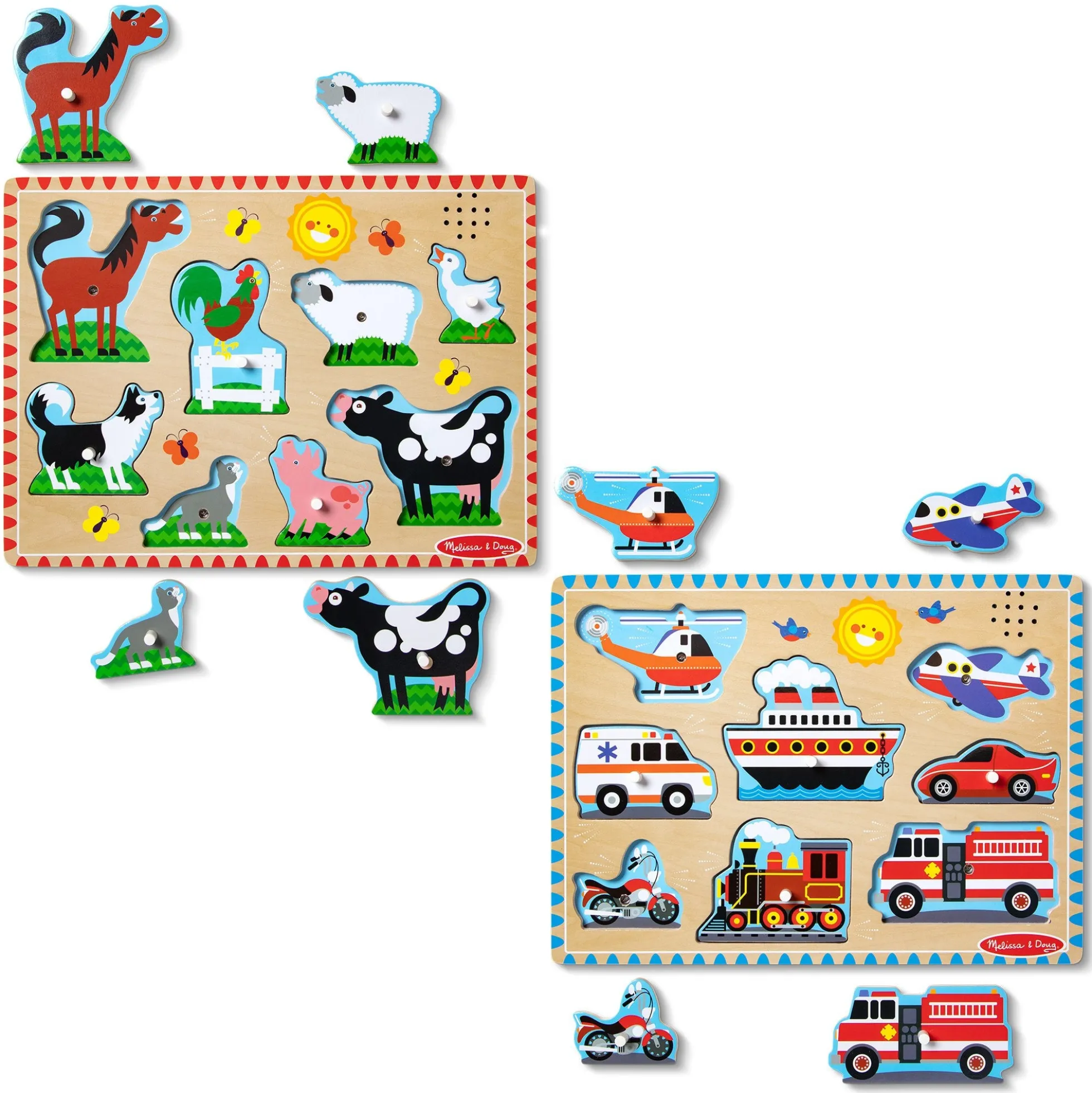 Wooden Sound Puzzle 2-Pack – Farm Animals, Vehicles